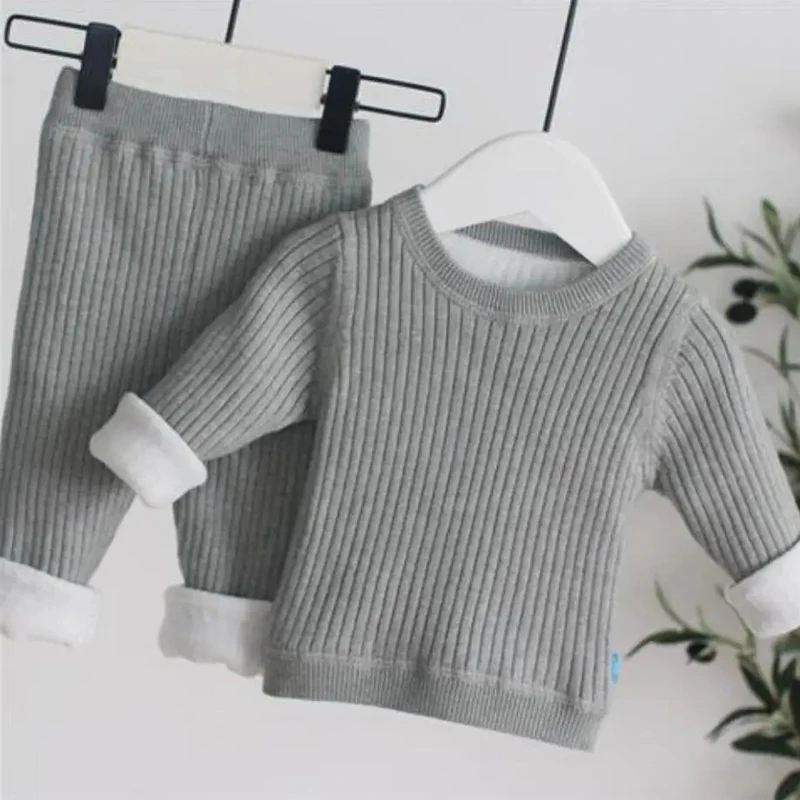 Solid Color Children's Clothing Suits 2 Pcs/Set Boys Girls Thicken Round Neck Pullover Pants Winter Autumn Toddler Clothes