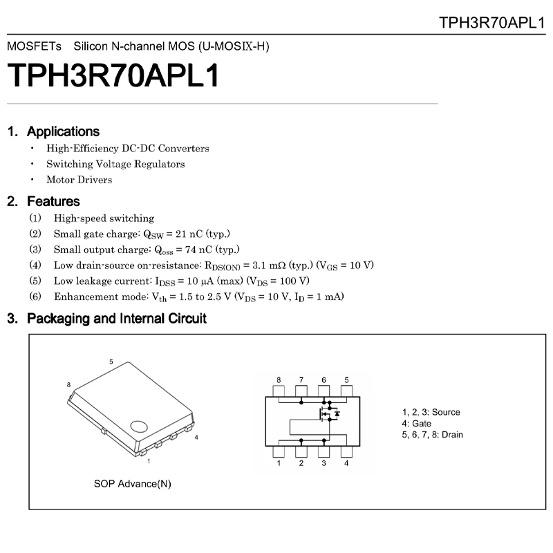 10PCS TPH3R70APL1,LQ SOP-8 CODE TPH3R7 TPH3R70APL1 N-CHANNEL MOSFET DFN