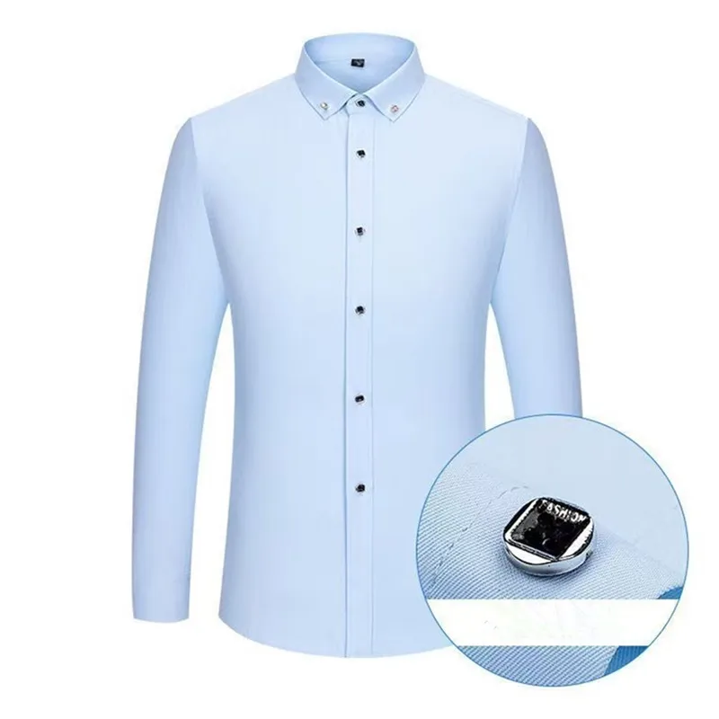 Men Plain Business Shirt Long Sleeve Autumn Spring Casual Button Down Social Slim Formal Office Wedding White Blue Dress Shirt