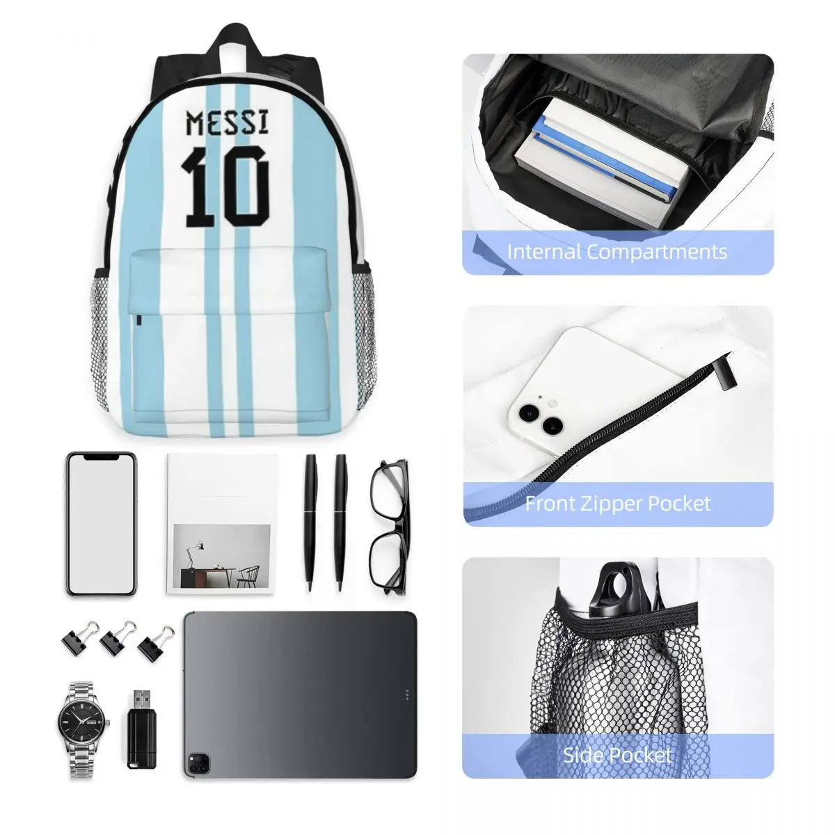 Messi - 10  New Fashionable Pattern School Bag Print Lightweight Backpack 15inch