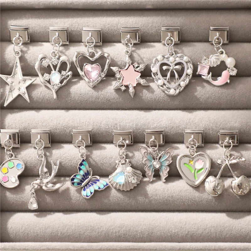 

Y2K Crystal Painting Plate Butterfly Cherry Heart Bow Pendant Italian Charm Links Fit Stainless Steel 9MM Bracelet DIY Making