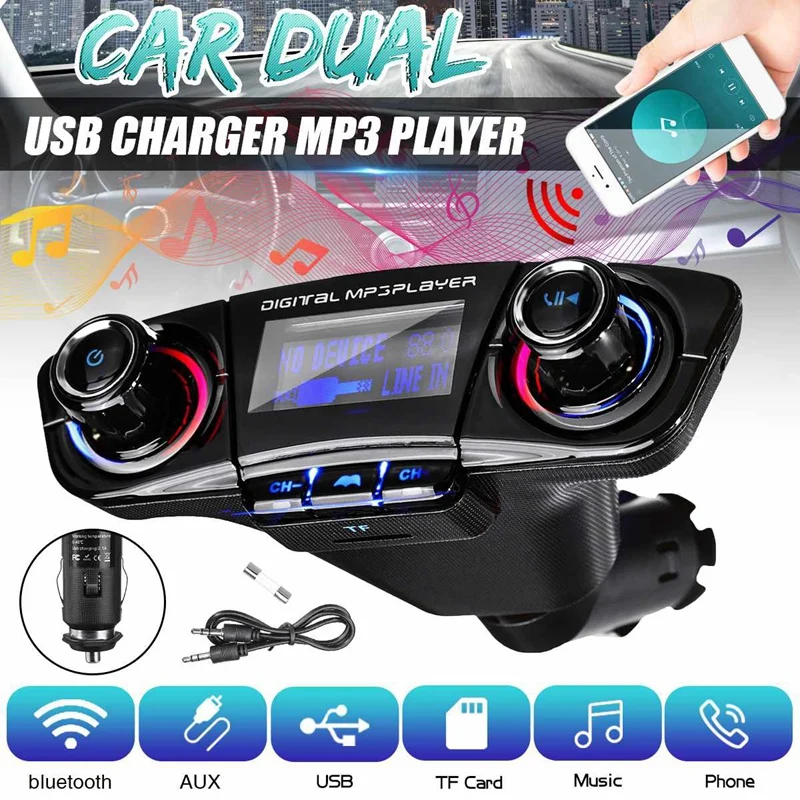 Car Bluetooth Audio MP3 Player FM Transmitter Dual USB Charger One Key Handsfree AUX TF Card U Disk 1.3Inch LED Display