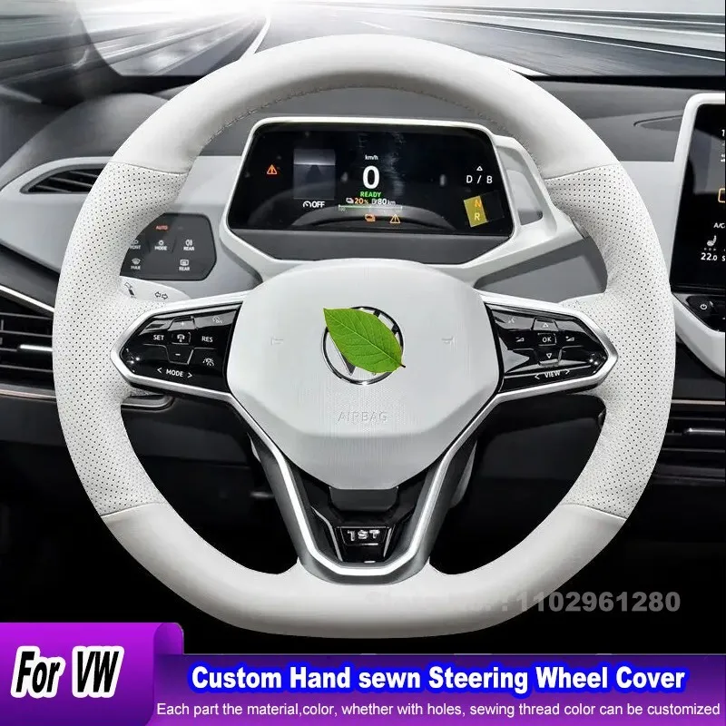 

Hand-sewn Anti-slip White Leather White Thread Steering Wheel Cover for Volkswagen VW ID3 ID4 Voiture Car Accessories