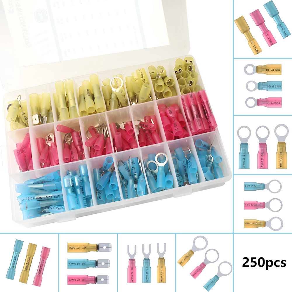 

250 Pcs Heat Shrink Connector Kit, Insulated Wire Terminals Crimp Ring Set Waterproof, Convenient, Efficient and Safe