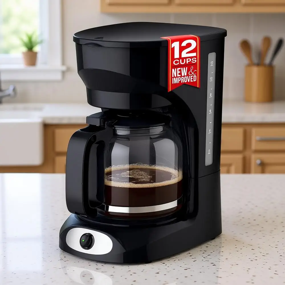 

12-Cup Drip Coffee Maker - Borosilicate Carafe, Auto-Off, Reusable Filter, Anti-Drip, Keep-Warm Function, Clear Water Level Wind