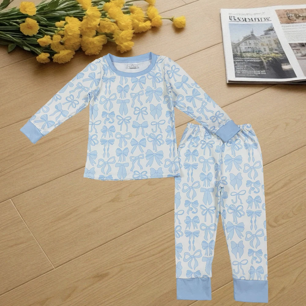 

9.25 Kids Winter Clothes For Girls Baby Girls Light Blue Bows Top Pants Pajamas Sets