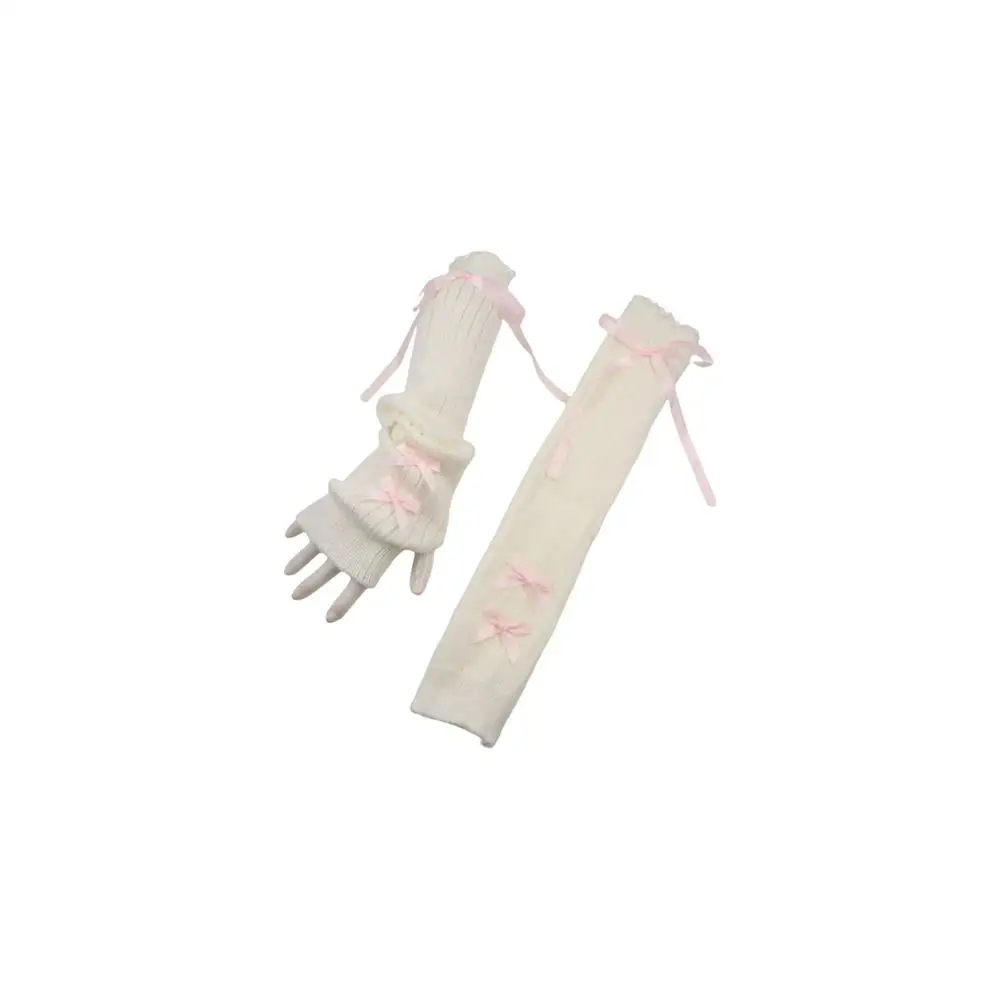 Fashion Elastic Knitted Bow Arm Sleeves Y2K Ballet Style Long Wrist Gloves Sweet Warm Half Finger Long Gloves JK