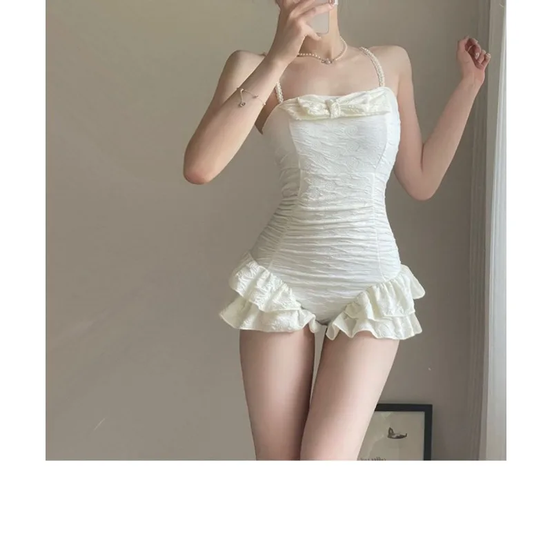 Elegant White One Piece Swimsuit with Pearl Strap Bow Ruffle Ruched Design Modest Swimwear for Beach Pool Vacation