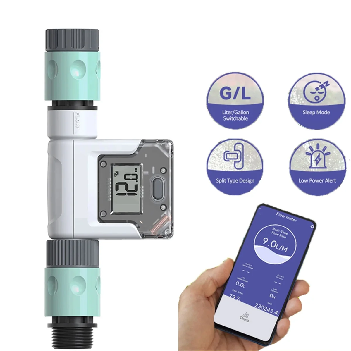 WiFi Water Flow Meter for Garden Hose Smart Water Meter with 4 Flow Modes Real-Time Flow Tracking Easy Reading