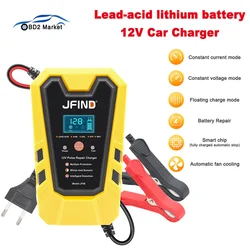 Jfind – chargeur de batterie de voiture au lithium, réparation d'impulsions 12V 6A, plomb-acide, écran LCD, testeur de batterie, Charge rapide pour voiture/moto