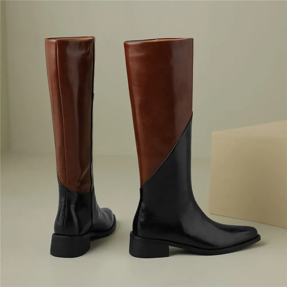 MILI-MIYA New Arrival Mixed Color Women Cow Leather Knee High Boots Thick Heels Classic Round Toe Plus Size 34-42 Handmade