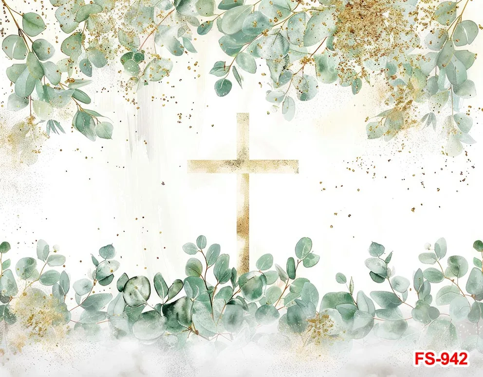 Caixas de Fotografia Golden Cross, Minha Primeira Comunhão, God Bless, Batizado Recém-nascido, Folhas Verdes, Crianças Batismo Backgrounds