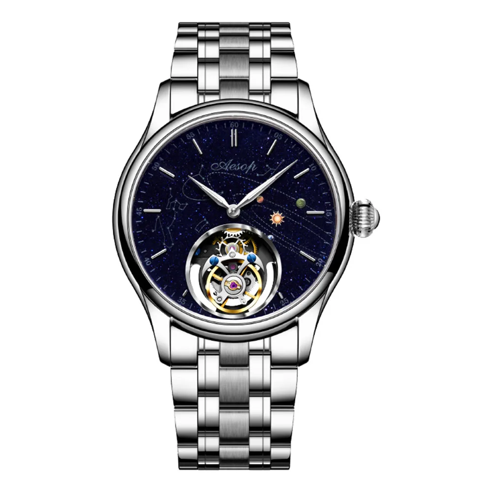 AESOP Men's Luxury Skeleton Wrist Watch Mechanical Hand Wind Flying Tourbillon Waterproof Stainless Steel Sapphire Wristwatch