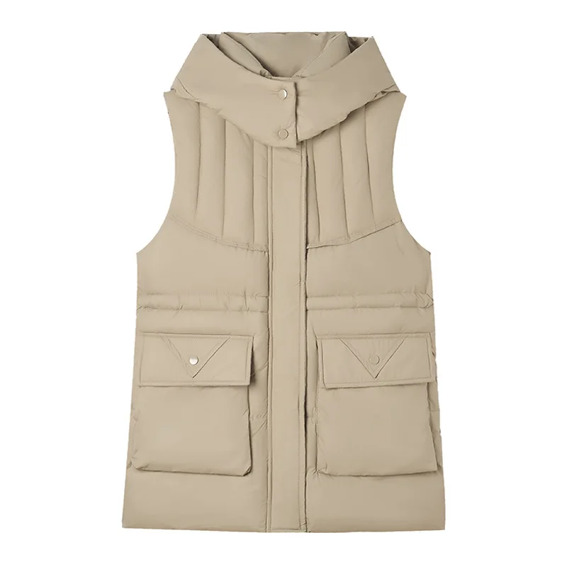 

Пуховые жилеты средней длины с хлопковой подкладкой, весна-осень 202, новые теплые жилеты без рукавов с большими карманами на талии и шнурком, пальто