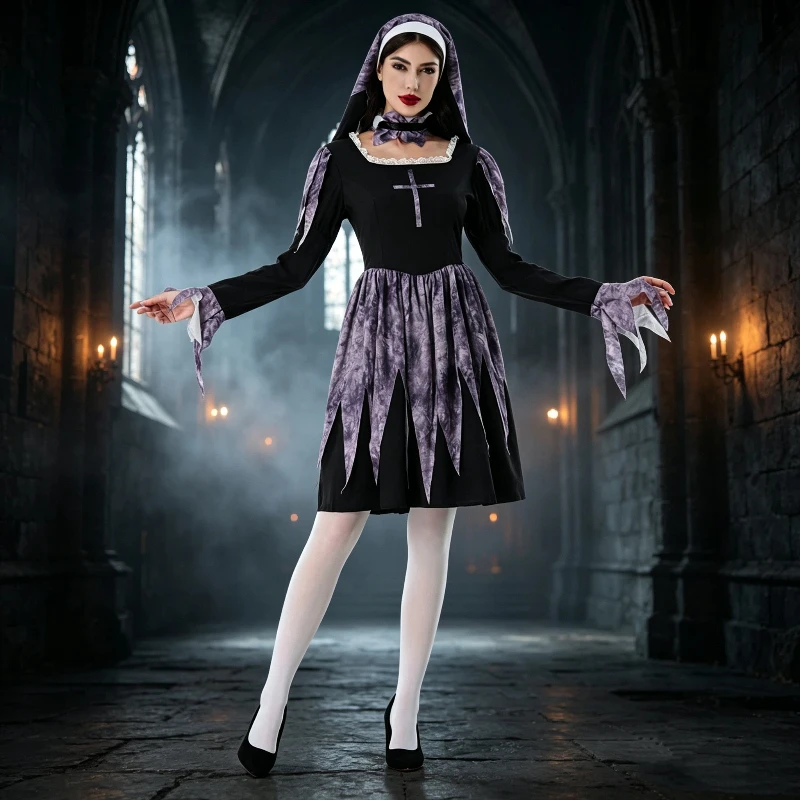 Women Scary Dark Nun Halloween Costume Gothic Tattered Dress with Headscarf Adult Female Carnival Cosplay Fancy Party Outfit