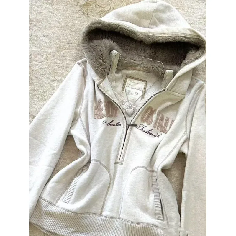 Japanese Subculture Harajuku Gray Hoodies Autumn New Harajuku Vintage Letter Embroidery Hoodie Women's Fashion Slim-fit Clothing