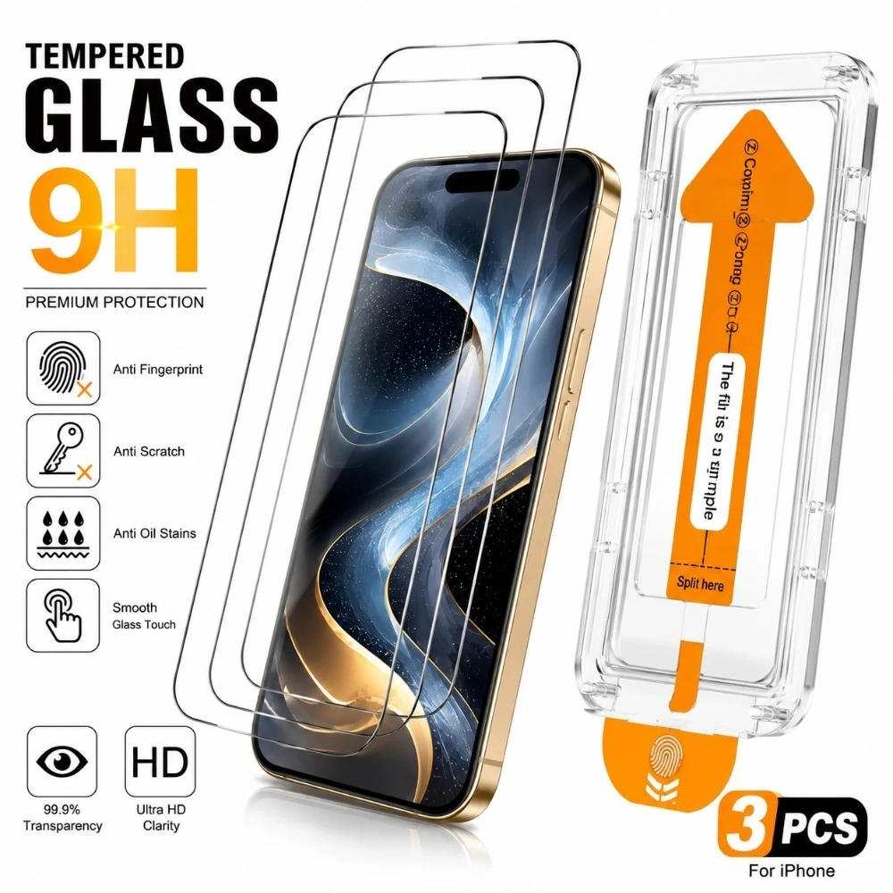 

3PCS High Definition Screen Protector for iPhone 16 15 17 14 Pro Max 15 14 Plus 17e 16e Air 13 12 11 Easy Installation Glass