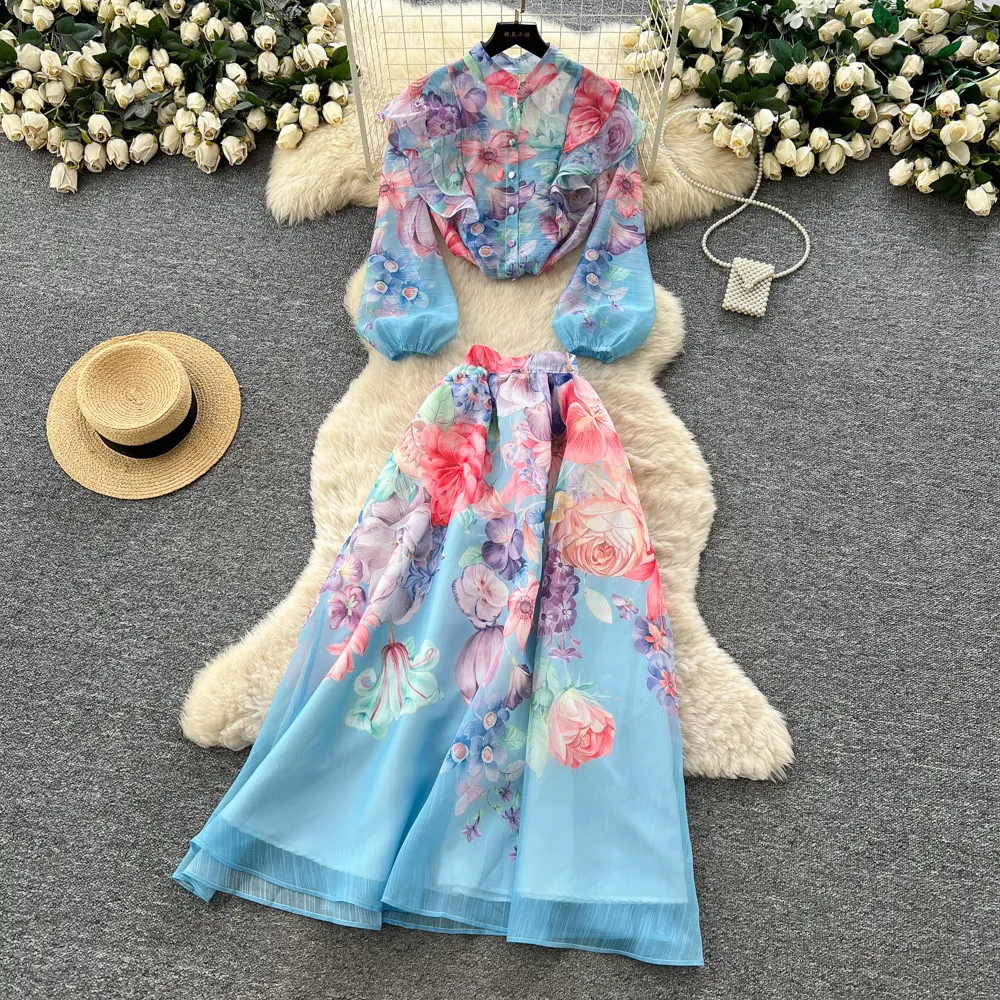 

Women Two Piece Sets Skirt Set Full Sleeve Print Floral Short Tops Long Skirts A Line High Waist Y2k Streetwear Elegant Work