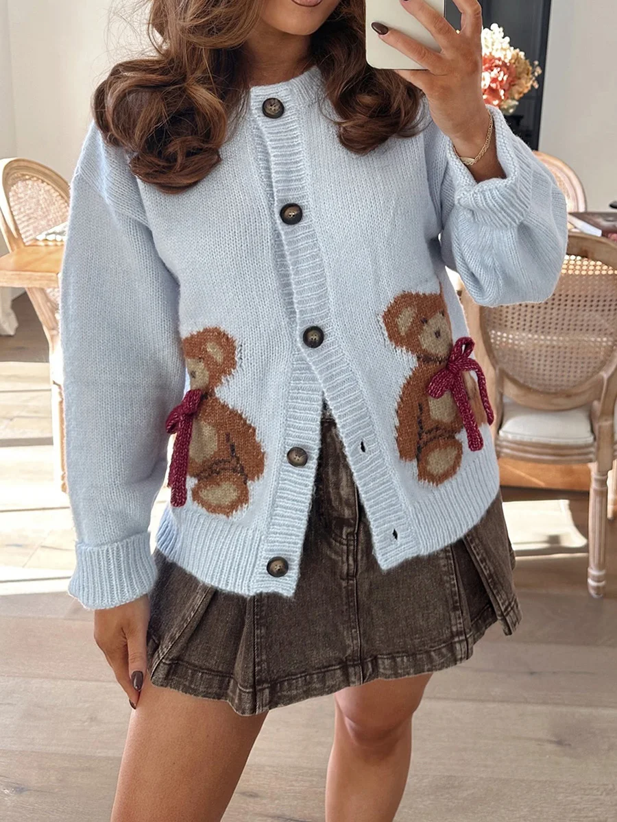 New Fashion Women Autumn Sweater Cardigan Long Sleeve Round Neck Button Up Bear Print Knitwear Skin Friendly Hot Sale S-XL