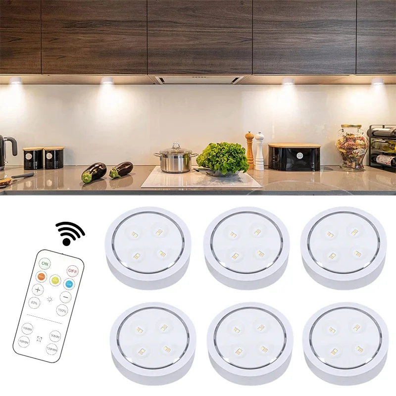 Luz noturna remota sem fio para decoração de cozinha, LED Puck Light, Iluminação inteligente do começo, 3 cores