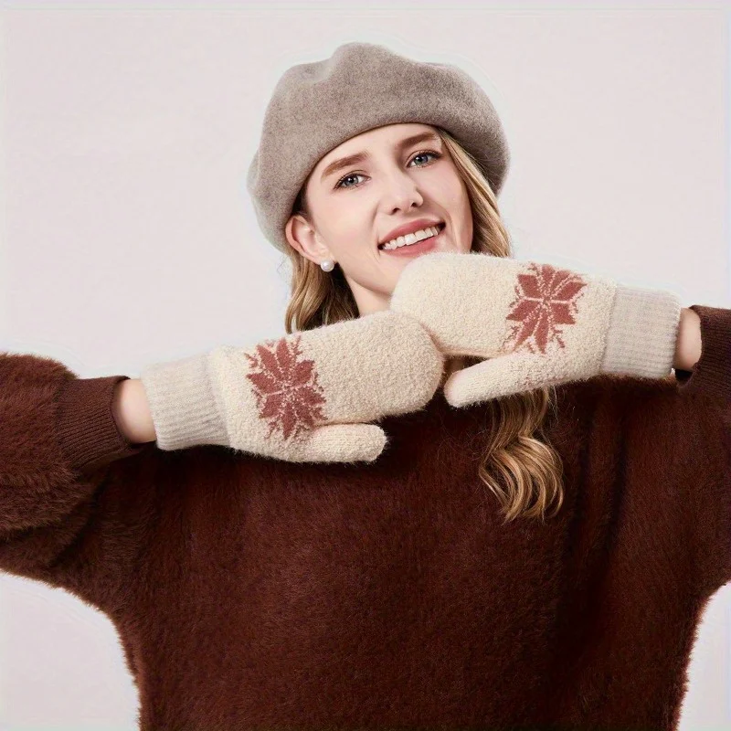 따뜻하고 두꺼운 자수 장갑 여성용 가을 겨울 니트 장갑 (양털 안감 및 이중 레이어 방한 손가락 장갑 포함)