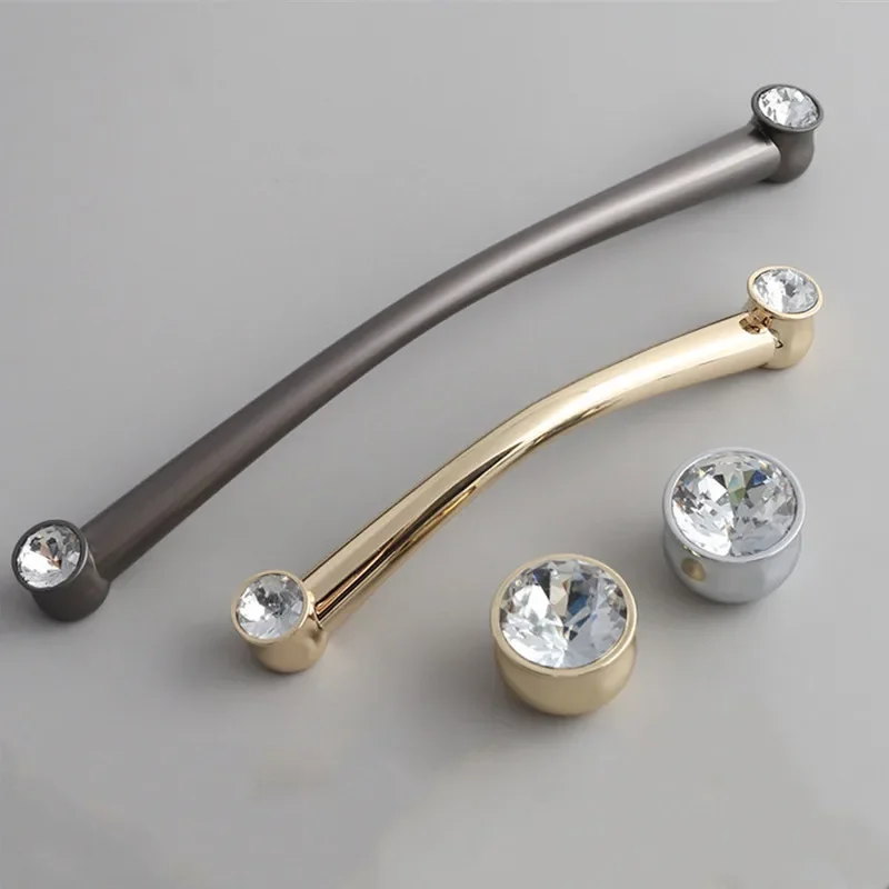 Luxury Crystal Glass Diamond Cabinet Furniture Handle Bright Gold Wardrobe Drawer Knob Chrome Home Decorative Hardware