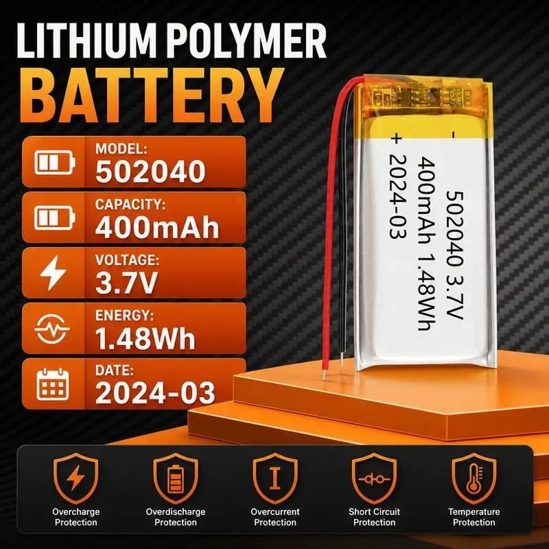 100pcs 502040 Polymer Lithium Battery 400mAh 3.7V Rechargeable for Oximeter Electronic Cigarette LED Light