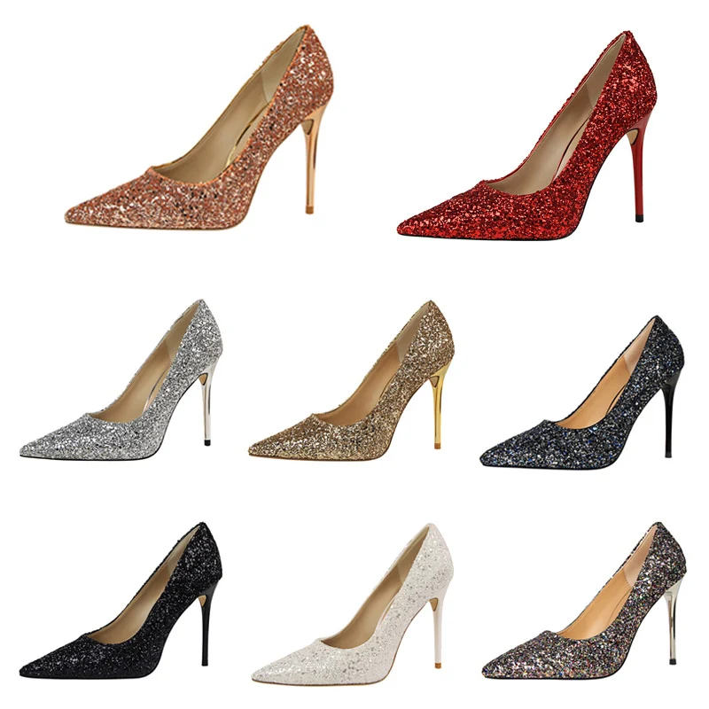 Women Luxury Bling Red  Blue Valentine Party Scarpins Pumps Lady Glitter Sequins 7cm 9.5cm High Heels Designer Shoes Plus Size