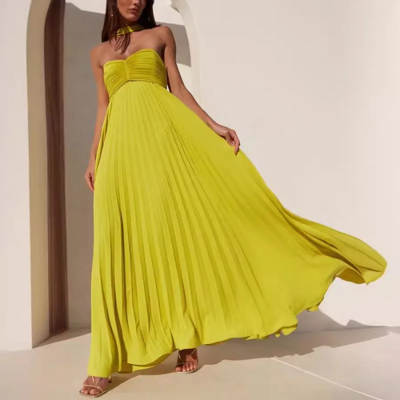 Elegant Strapless Pleated Long Dress for Women Sexy Sleeveless Backless Design Spring Summer New Arrival Lady Evening Party Robe