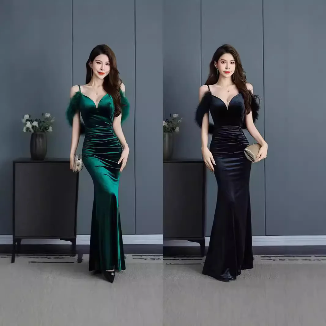 

Новое вечернее платье из бархата с глубоким V-образным вырезом 2024 года, на тонких бретельках, фасон «рыбий хвост», длинная юбка, для ночного клуба, для вечеринок, для мероприятий.