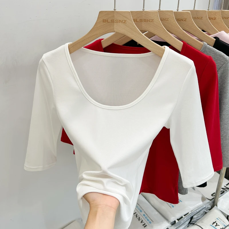 Solid Versatile Casual Simple T-Shirt Women's White Base Top 2026 New U-Neck Three-Quarter Sleeve Tee for Spring & Summer