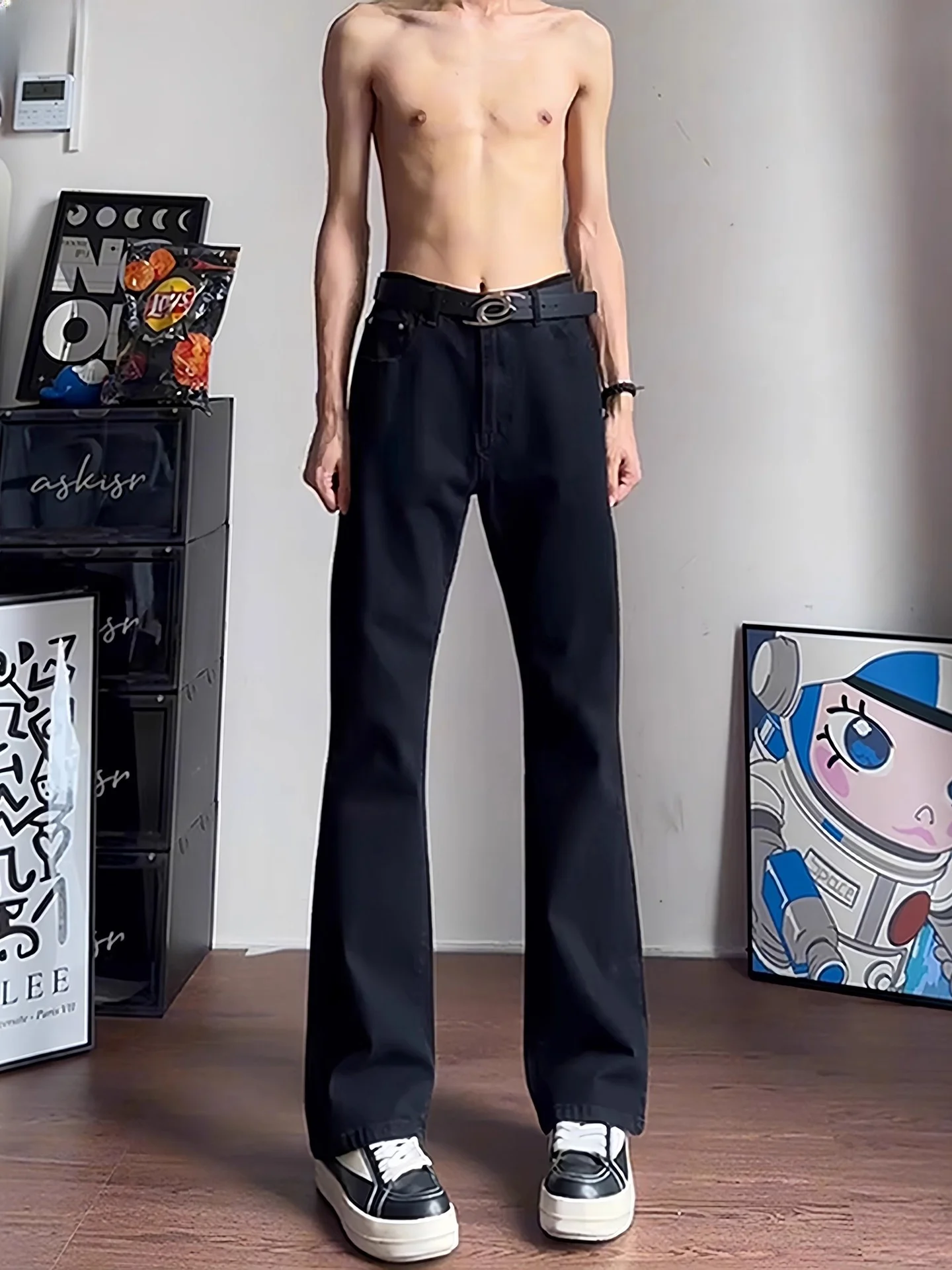 

Мужские расклешенные джинсы с высокой талией Cleanfit, длинные брюки с прямыми штанинами в американском стиле Vibe Bla, молодежная модная смесь хлопка и полиэстера