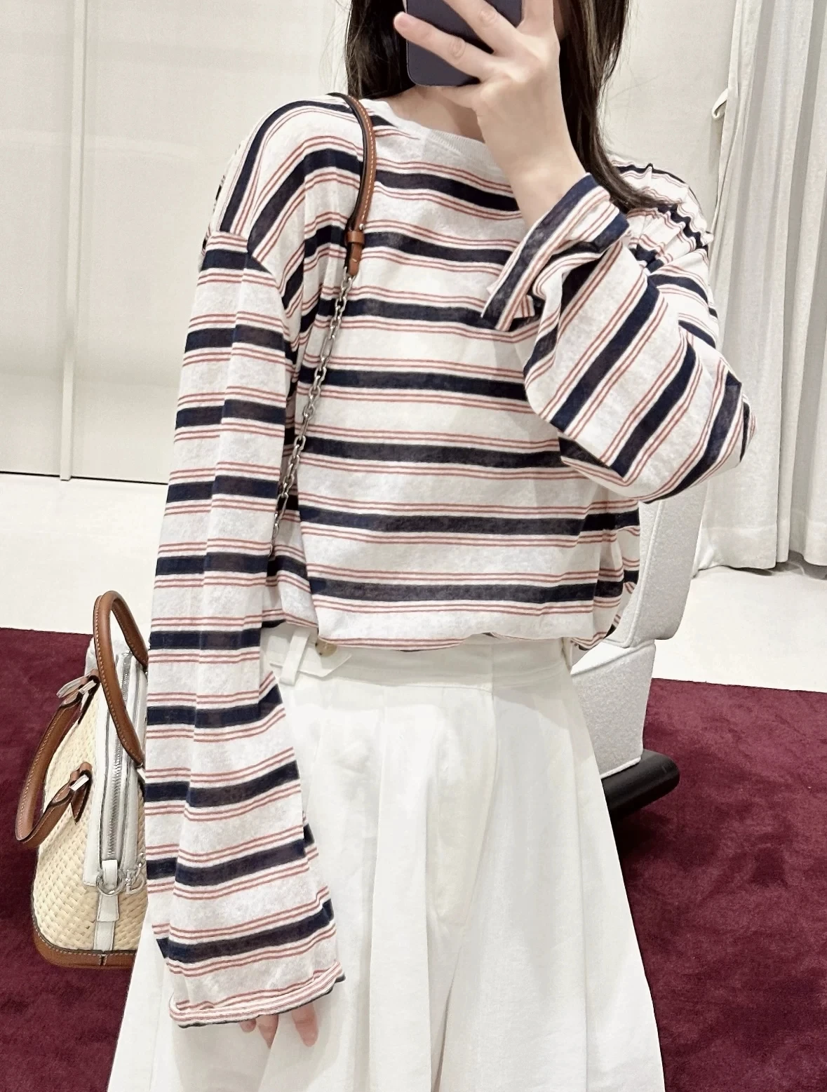 

High End Linen Cotton Knitted T-Shirt Women's Summer New Style Drawstring Stripe Cotton Linen Knitted Top Casual Loose Fit