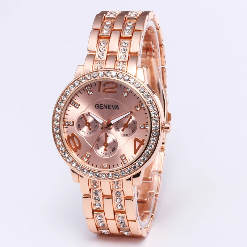 Hot selling Geneva women's alloy steel strap watch with three eyes and six needles set with diamonds, women's fashionable bracel