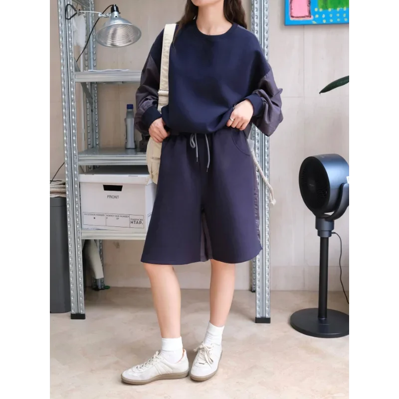 Autumn Splicing Sweatpants Women Shorts Loose Japanese Style Sports Lazy Feeling Soft Skin-friendly Slim Navy Blue Elastic Waist