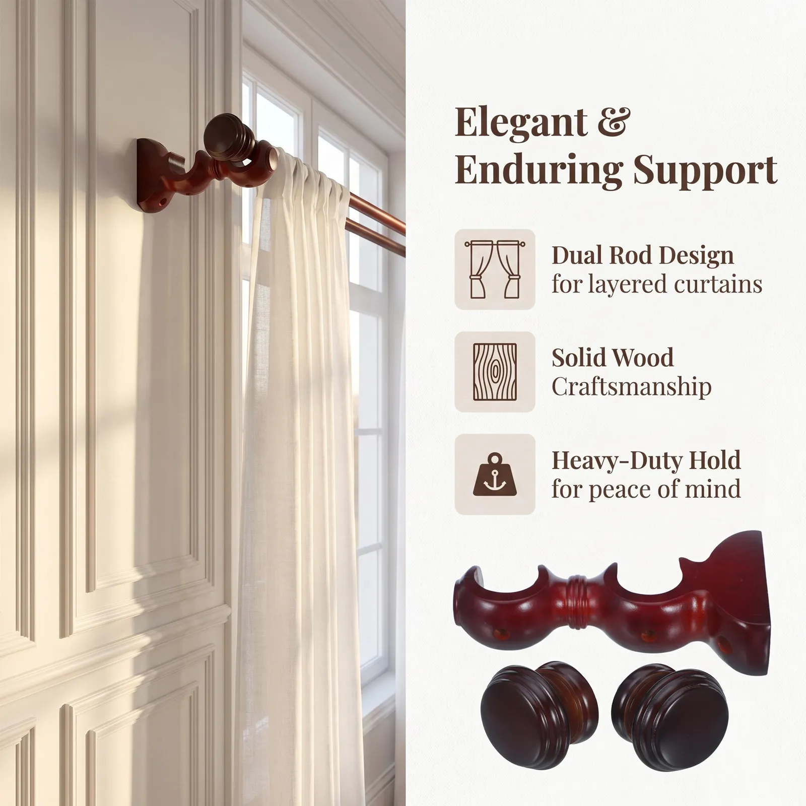 1Set Wood Curtain Rod Holders Double Curtain Rod Brackets Wall Mounted Stable Support for Heavy Curtains Drapery Pole Holders
