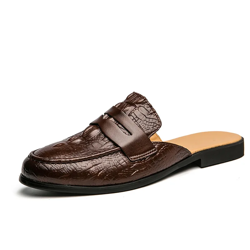 2026 New Men Half Slippers Loafers Male Casual Alligator Pattern Patent Leather Mules Moccasins Breathable Slip On Driving Shoes