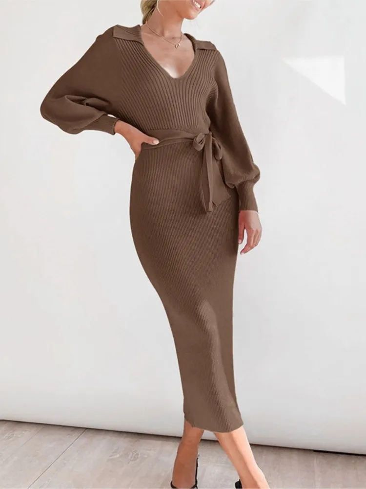 

Dresses For Woman Elegant Retro V-neck Vestidos Solid Color Knitted Sweater Dress All-match Simple Style Temperament Commuting