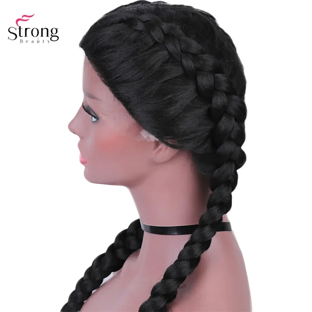 Strongbeauty-合成レースフロントウィッグ,2つのフレンチ編組,女性用の長い黒のベビーヘア