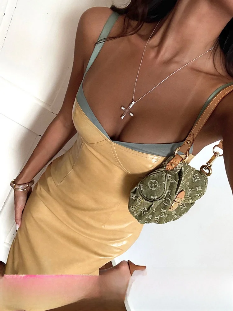 

ITSNIKAR Retro Eco-friendly PU Leather Strap Dr Women's Sexy Skirt Wrap Body Mid-length Skirt Ci Commute X-aped Outline