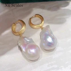 100% Natural Freshwater Aurora White Baroque Pearl Earrings S925 Sterling Silver Frosted Style Retro Fashion Women's Jewelry
