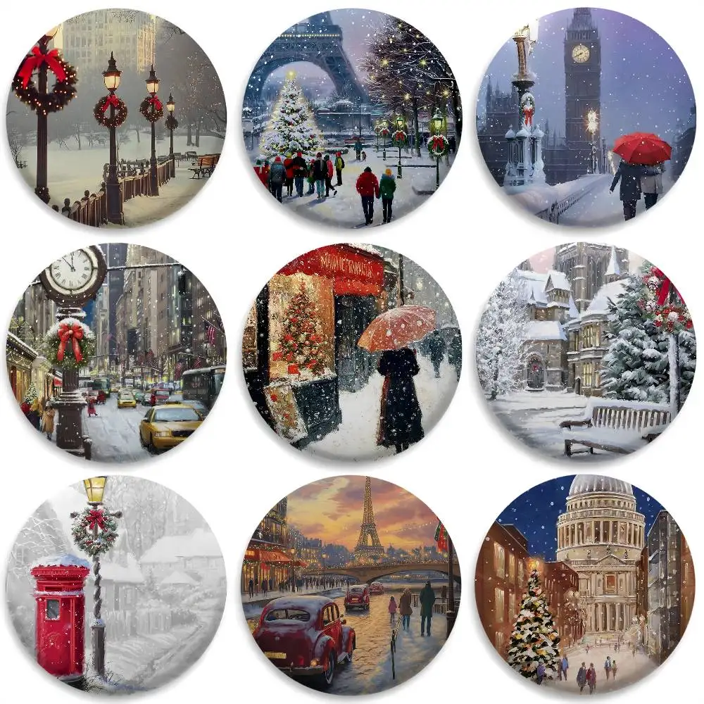 

World Landmark Christmas Badges Round Exquisite Badge Brooches Creative Pins For Clothes Hat Backpack Gift Accessories