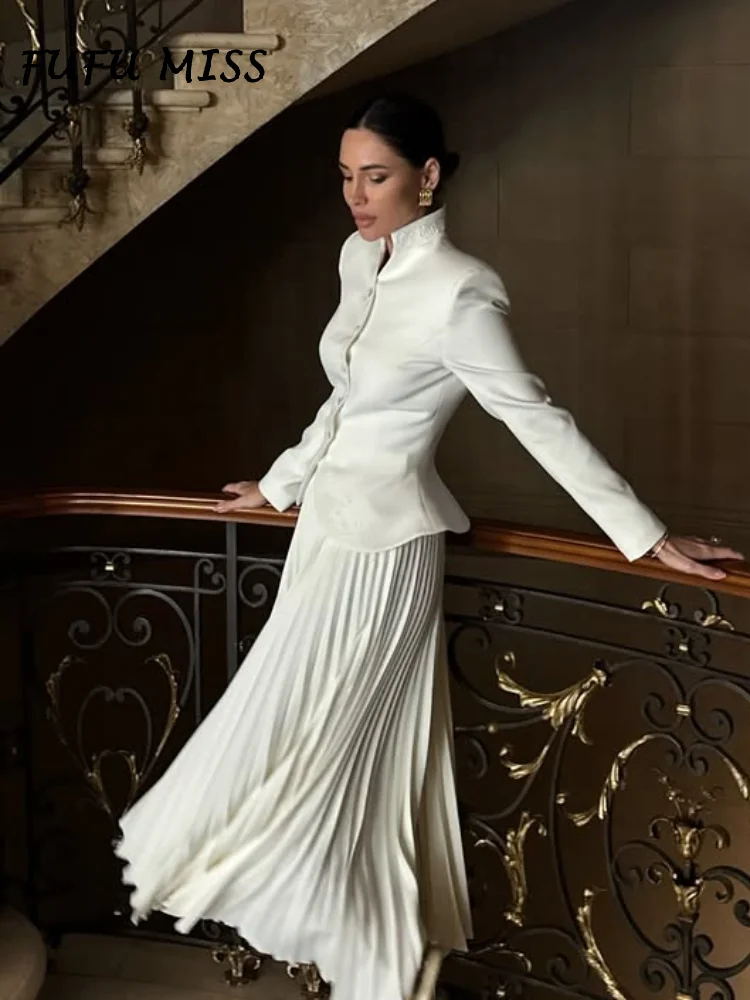 Elegant Maxi Skirt Set Women Stand Collar Buttons Blazer Full Sleeve Pleated Skirts Sets Female Spring Autumn White Suit Lady