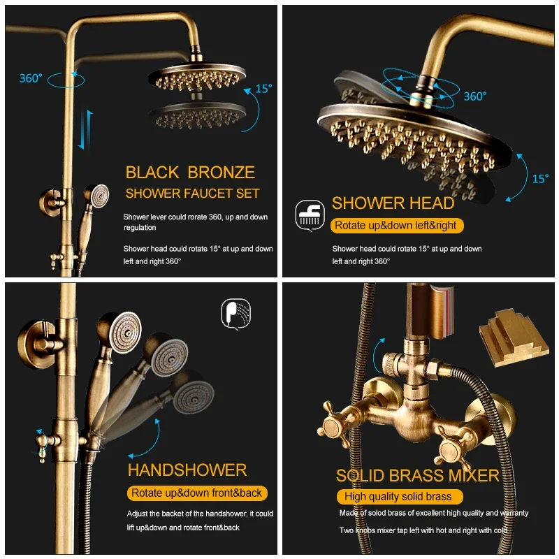 Vidric Vidric Antique Brass Shower Faucets Set 8'' Rainfall Shower Head Commodity Shelf Dual Handle Mixer Tap Bath Shower Wall M