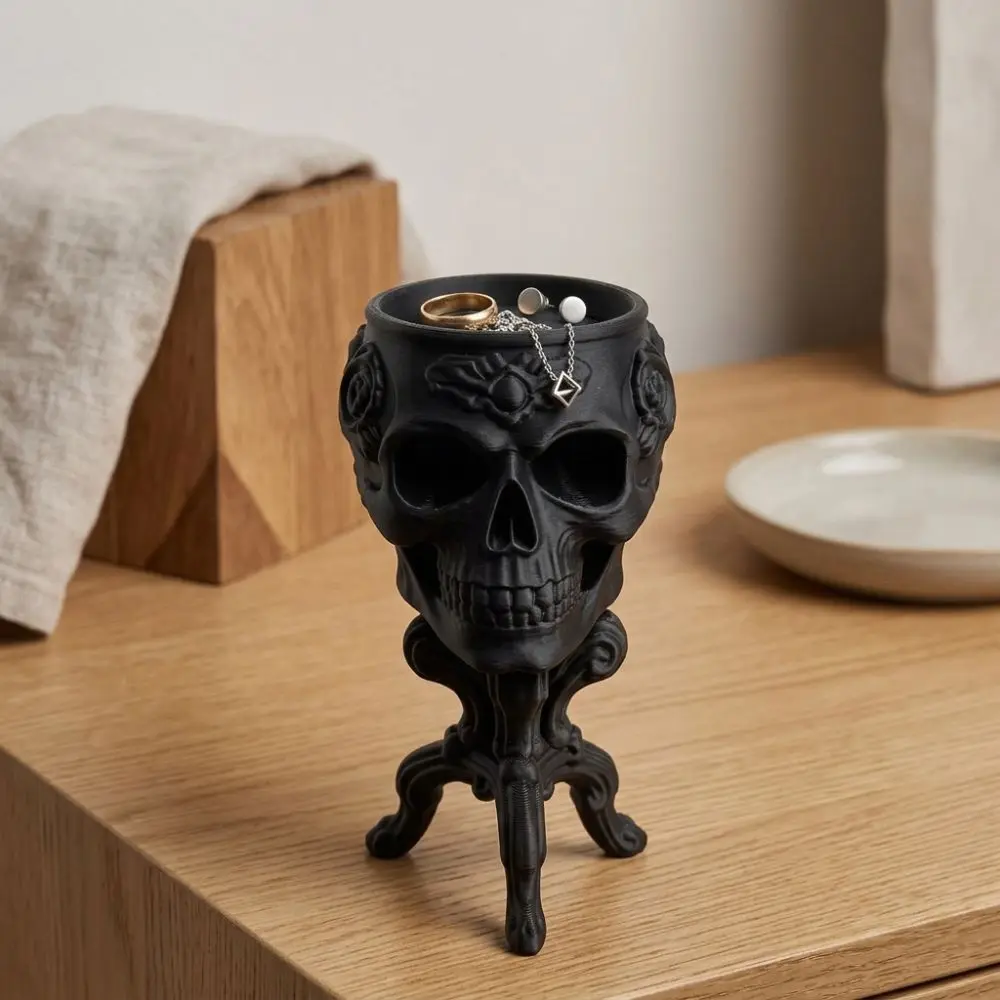 3D Printed Halloween Goblet Skull Planter Spooky Dark Vintage Carved Skull-Shaped Table Vase Gothic Integrated