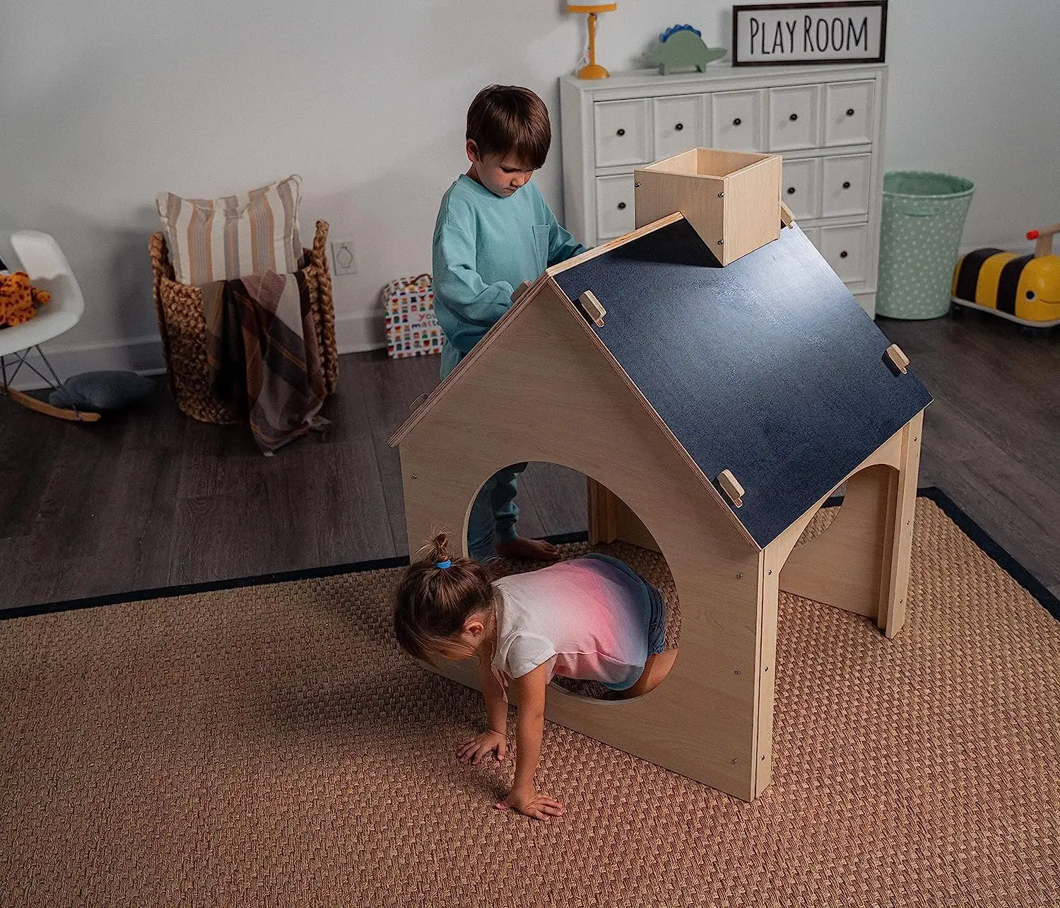Avenlur Indoor Montessori Wooden and Waldorf Style Playhouse for Toddlers with Double Chalkboard Roof. Sturdy Play Set Structure