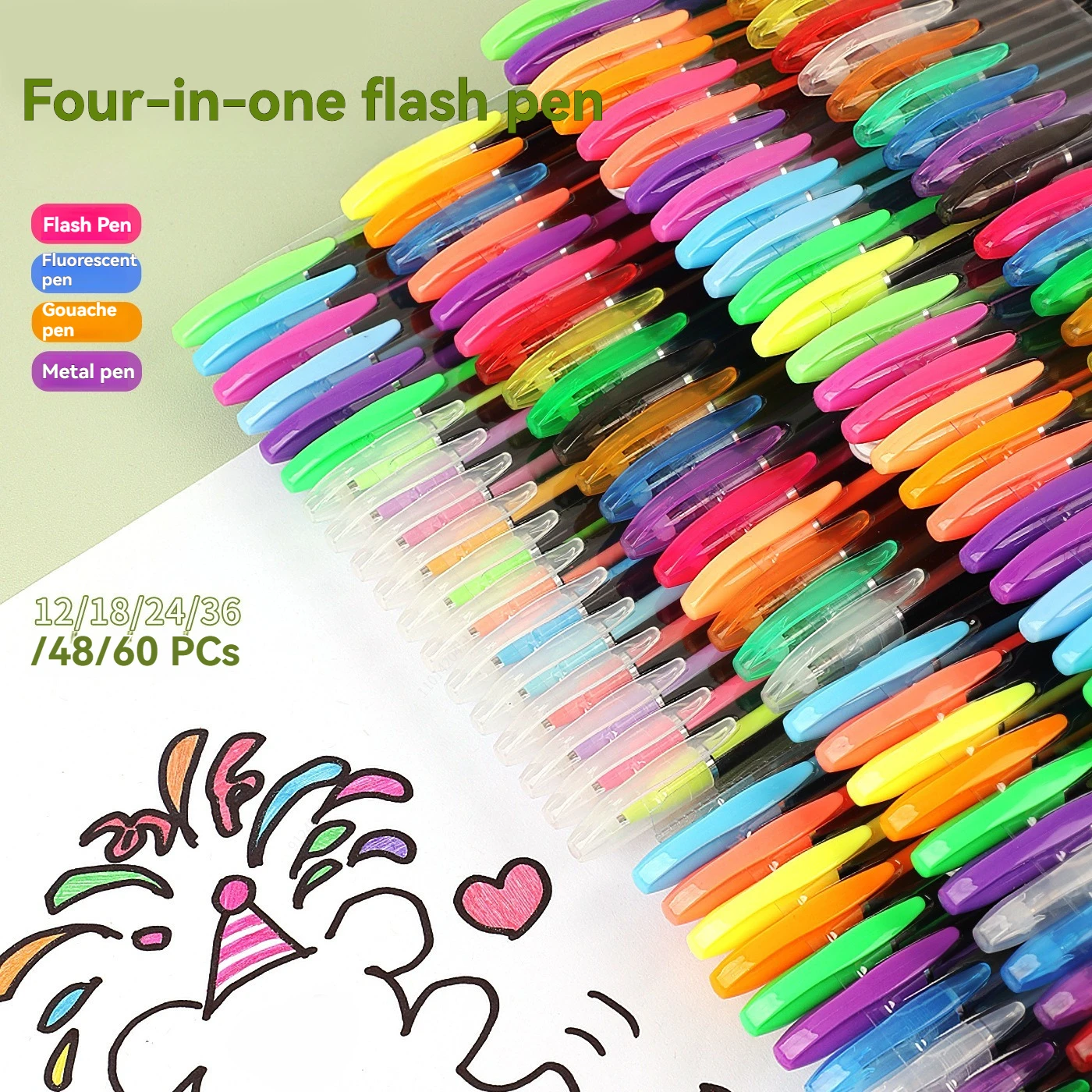 12-60Pcs Metallic Glitter Colors Gel Pens & Pen Refills For School Office Adult Coloring Book Journals Drawing Art Markers