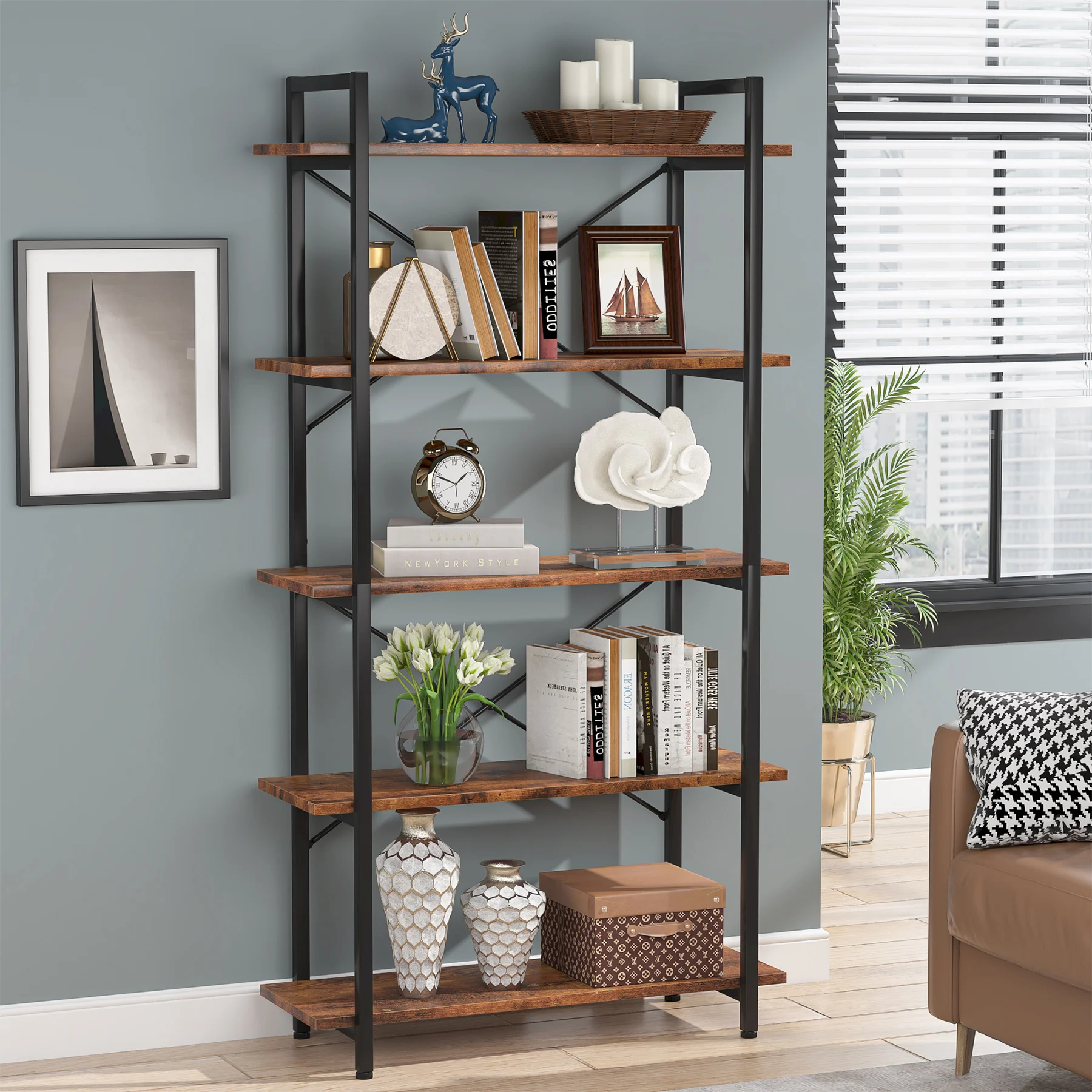 

Tribesigns 5 Tier Bookshelf, Industrial Etagere Bookcase with Metal Frame, Rustic Tall Book Shelf Unit for Living Room