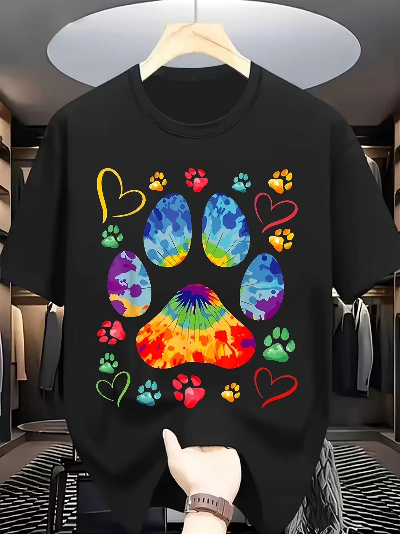 Adorable Tie-Dye Heart Design Featuring Dog Paws Vibrant Pet Lover T-Shirt for Men with Short Sleeves And a Crew Neck Offered in Various Sizes Perfect for Casual Wear Throughout The Year Retro Casual Crew Neck Printed T-Shirt, Plus Size