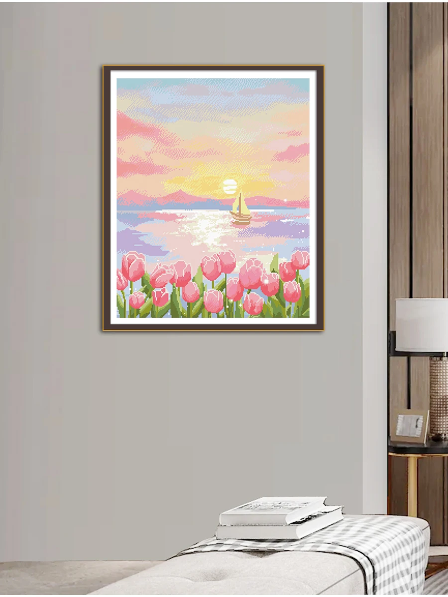 Tulip Cross Stitch DIY Embroidery Kit Seaside Scenic 11CT 9CT Home Fashionable Decorative Painting Needlework Set Handicraft